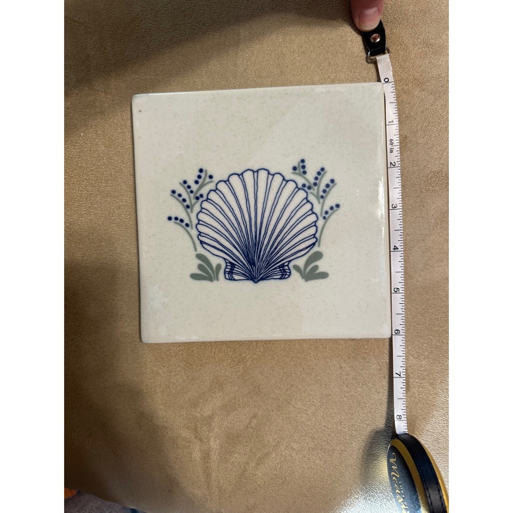 Vintage 6x6 Ceramic Decorative Trivet Tile Blue Seashell Coastal Glazed Cream - Picture 4 of 5